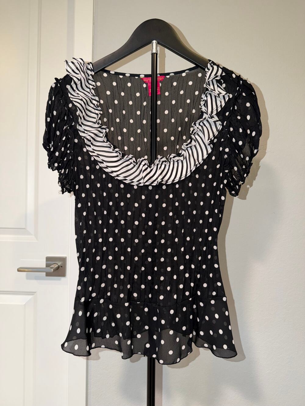 Sunny Leigh Black White Polka Dot Ruffle Sheer Blouse Women’s Large Whimsygoth